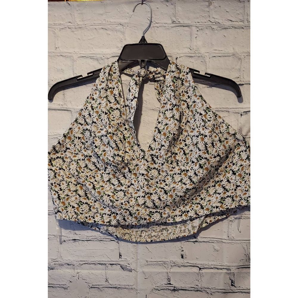 Abound Plus Size 3X Halter Top Black Floral Daisies Tie Neck Ruched Back NWT